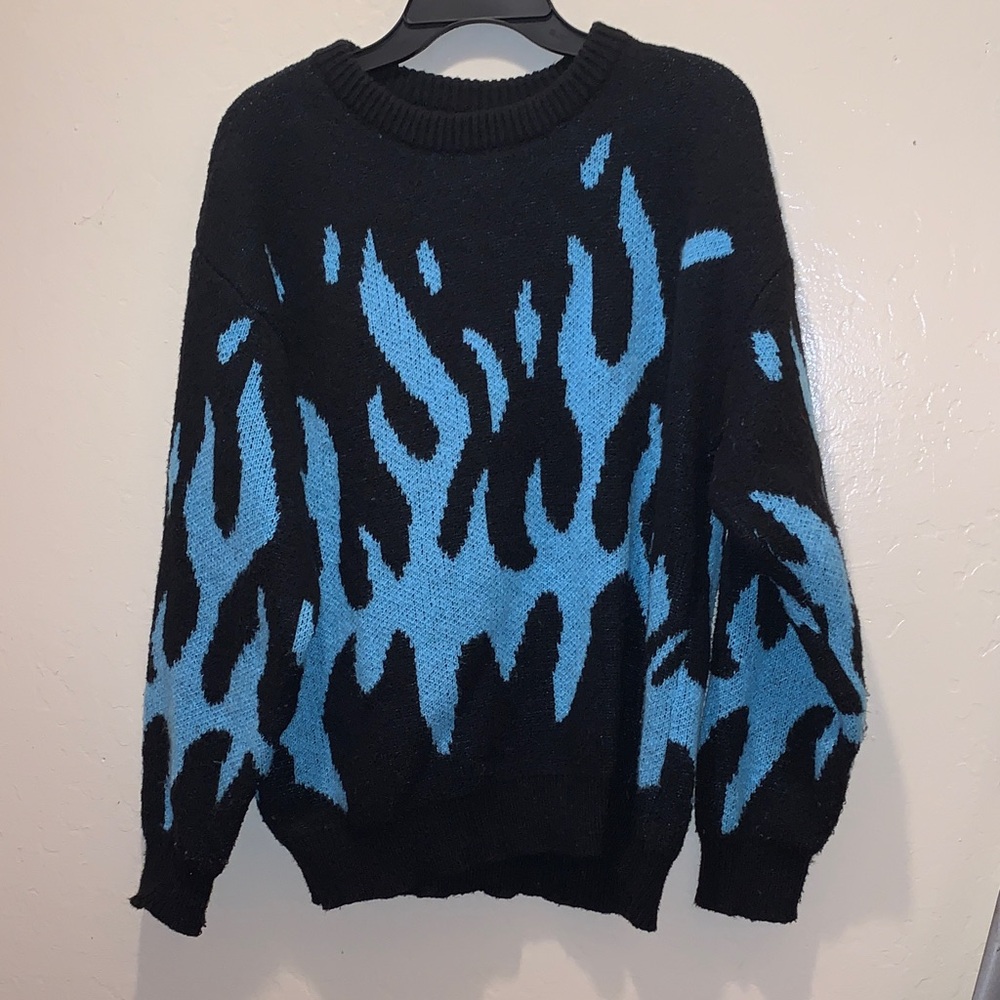 Stylish Black and Blue Flame Crewneck Sweater